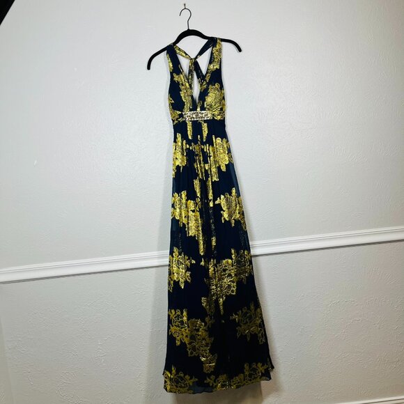Xscape Silk Navy Blue and Gold Metallic Maxi Evening Gown